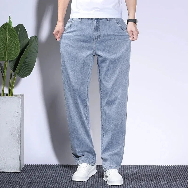 Pantalones vaqueros de verano para hombre, de tejido lyocell suave, finos, sueltos, rectos, con cordón y cintura elástica, informales, de Corea, talla grande 28-42