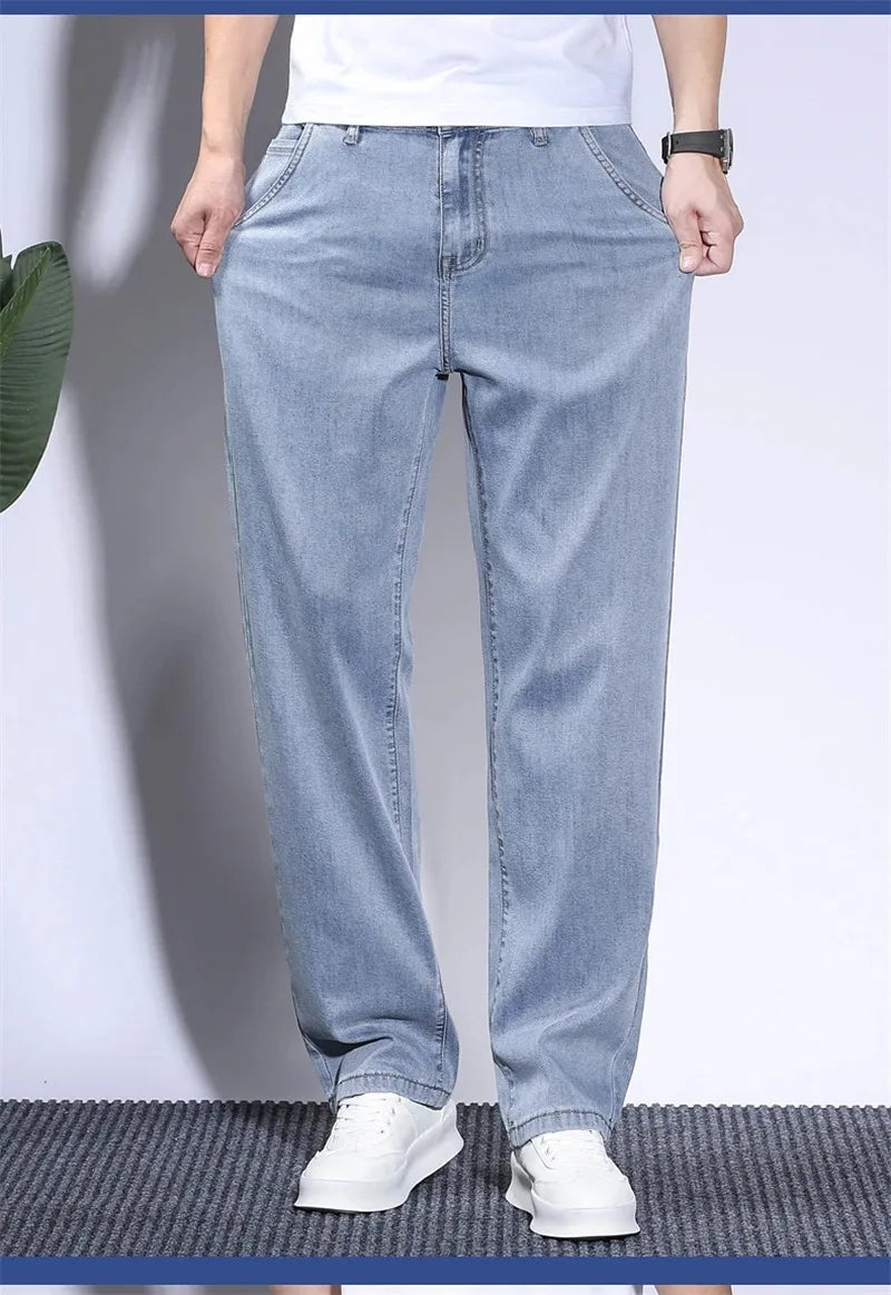 Pantalones vaqueros de verano para hombre, de tejido lyocell suave, finos, sueltos, rectos, con cordón y cintura elástica, informales, de Corea, talla grande 28-42