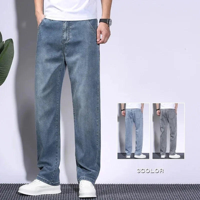 Pantalones vaqueros de verano para hombre, de tejido lyocell suave, finos, sueltos, rectos, con cordón y cintura elástica, informales, de Corea, talla grande 28-42