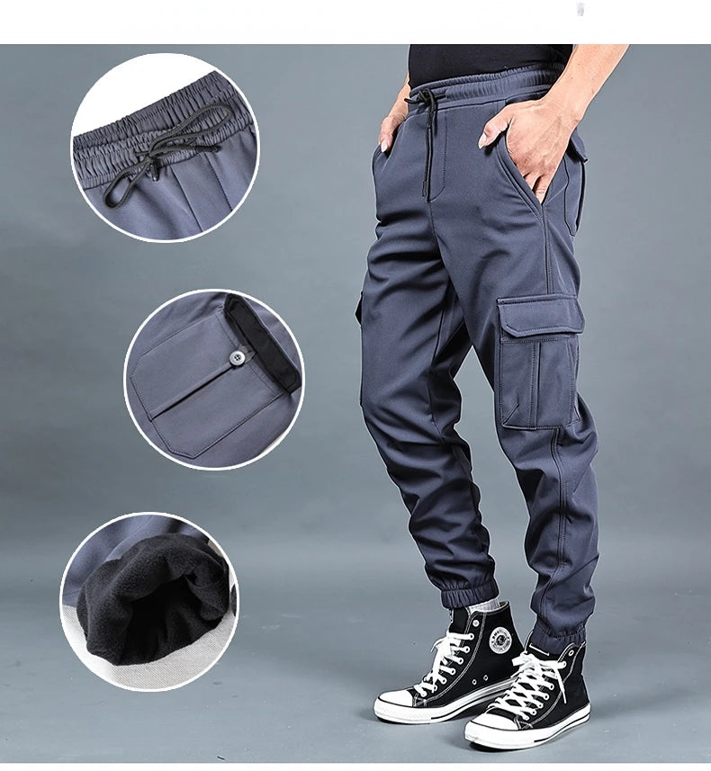 Pantalones de invierno para hombre, de forro polar grueso, para correr, con múltiples bolsillos, holgados, informales, cálidos, cargo, tallas M a 6XL