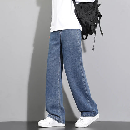 2025 New Korean Men's Casual Long Jeans Classic Man Straight Denim Wide-leg Pants Solid Color Light Blue Grey Black 3XL