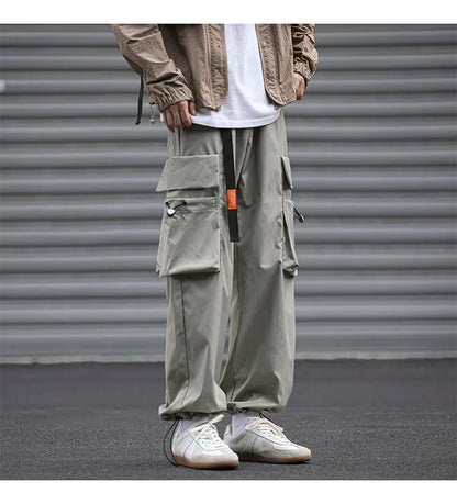 UETEEY Oversize Streetwear Drawstring Leggings Parachute Men Cargo Pants Loose Big Pocket Military Tactical Male Casual Trouser