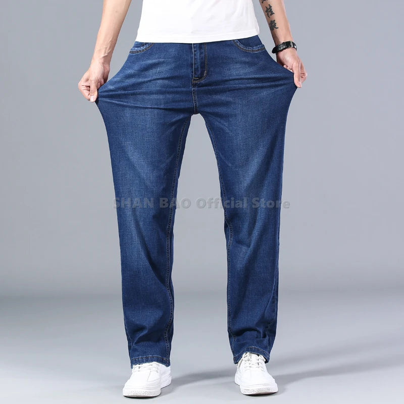 SHAN BAO cotton stretch men's straight loose loose summer thin jeans 2022 spring classic brand casual lightweight jeans blue