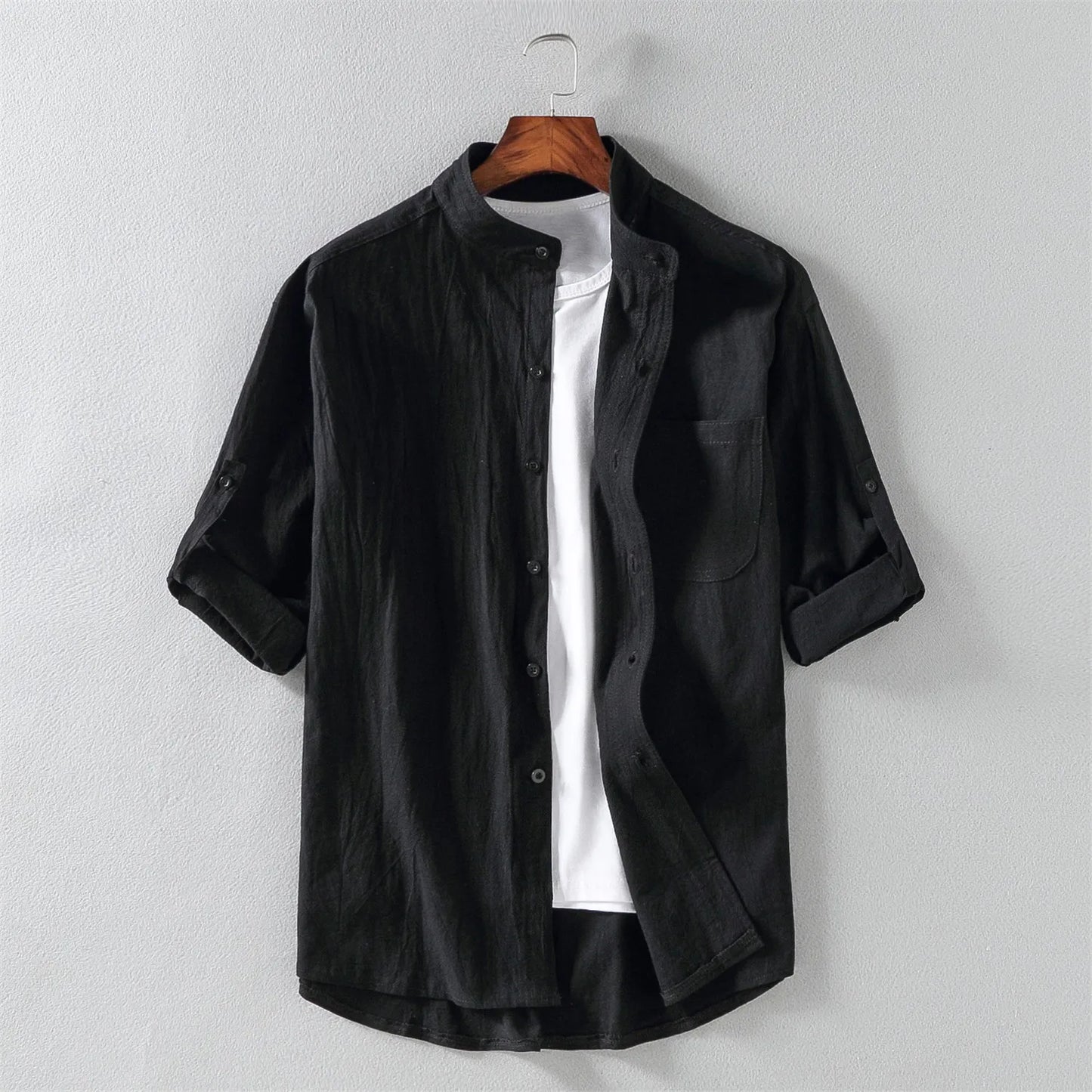 Camisa de manga corta de moda para hombre con cuello alto de cinco puntos y manga media de primavera y verano, manga de siete puntos, talla grande para hombre