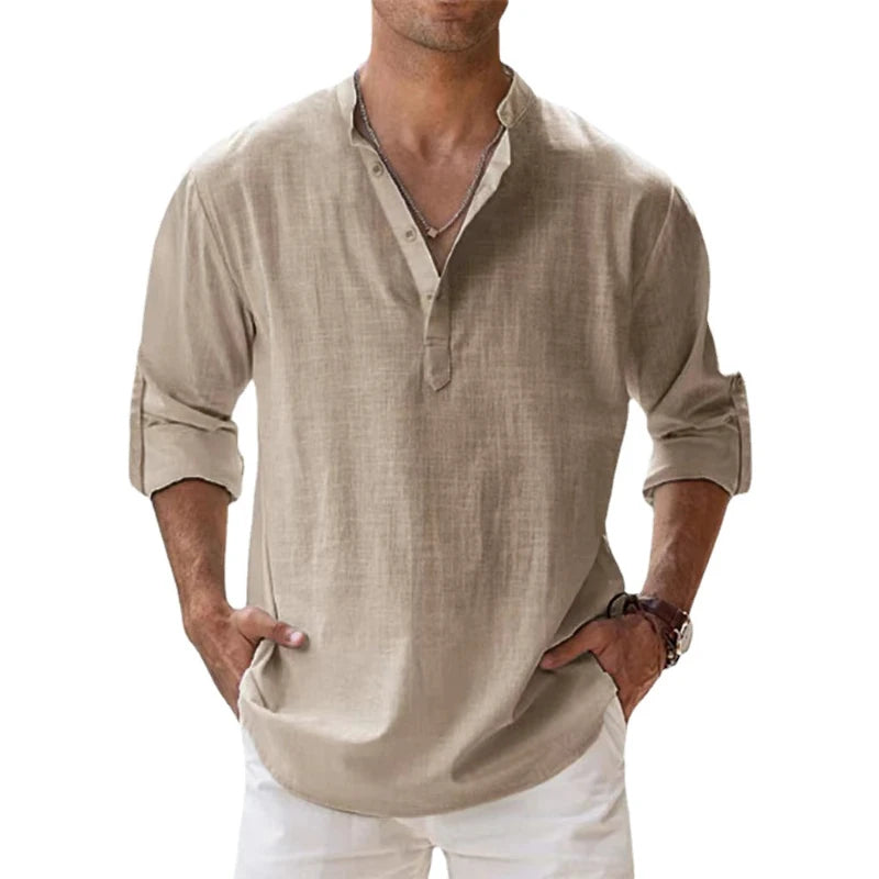 Nuevas camisas de lino y algodón para hombres, camisas casuales, camisas de playa Henley de manga larga livianas, camisetas hawaianas para hombres