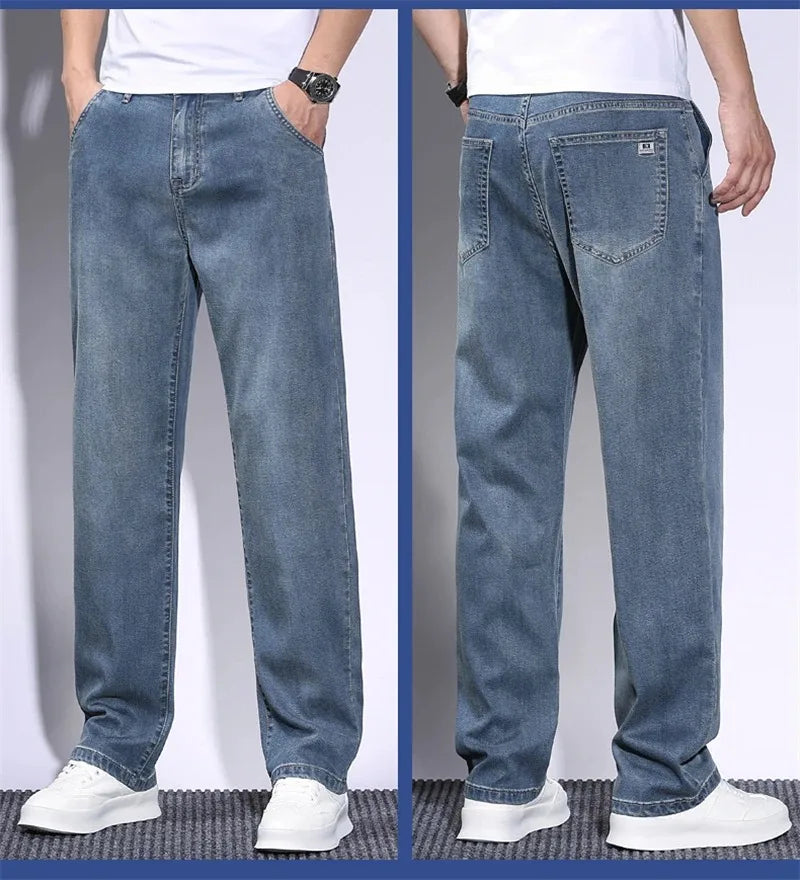 Pantalones vaqueros de verano para hombre, de tejido lyocell suave, finos, sueltos, rectos, con cordón y cintura elástica, informales, de Corea, talla grande 28-42