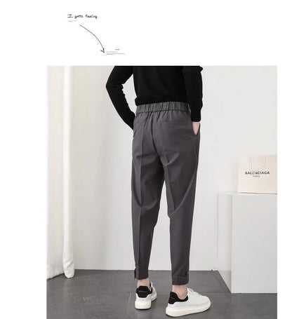 Fashion Men Pants Elastic Waist Small Feet Slim Korean Formal Pleated Tapered Male Blazer Suit Classic Pants Streetwear Trousers