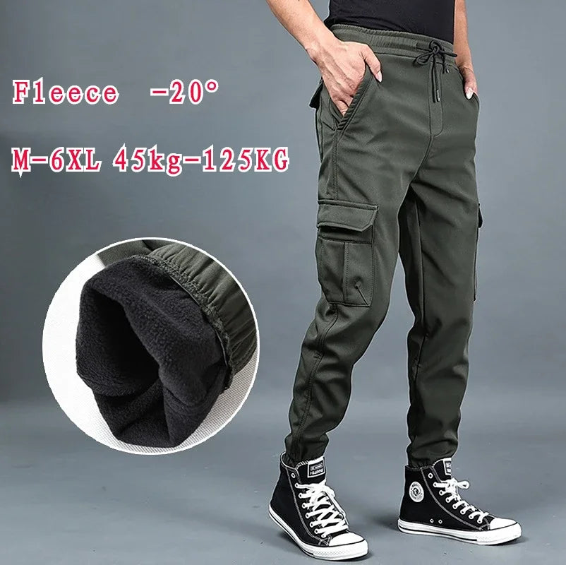 Pantalones de invierno para hombre, de forro polar grueso, para correr, con múltiples bolsillos, holgados, informales, cálidos, cargo, tallas M a 6XL