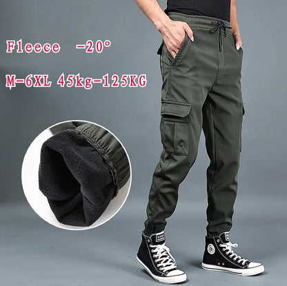 Winter Men Pants Thick Fleece Joggers Multi Pocket Loose Sport Trousers Male Casual Warm Sweatpants Cargo Pants M-6XL