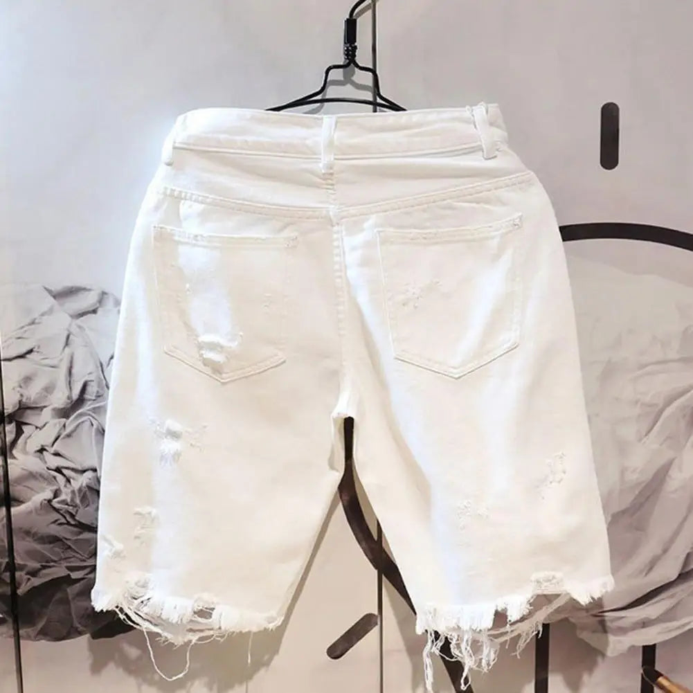 Stylish Denim Multi Pockets Soft Button Zipper Closure Men Summer Short Jeans Knee-length Shorts Keep Cooling