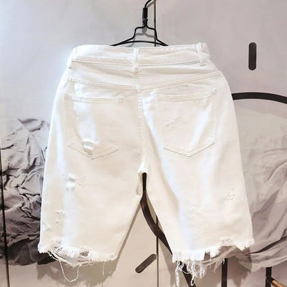 Pantalones cortos de mezclilla elegantes con múltiples bolsillos y cierre de cremallera y botones suaves para hombre, pantalones cortos hasta la rodilla de verano que se mantienen frescos