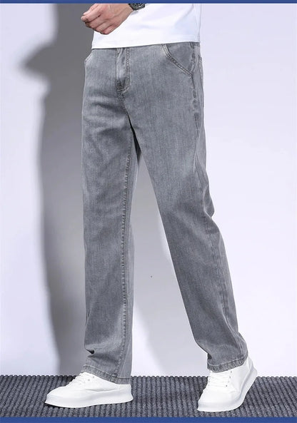 Pantalones vaqueros de verano para hombre, de tejido lyocell suave, finos, sueltos, rectos, con cordón y cintura elástica, informales, de Corea, talla grande 28-42