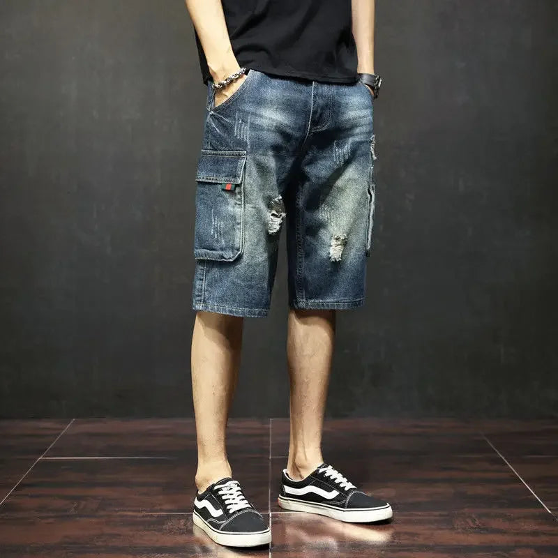 Male Denim Shorts with Pockets Men's Short Jeans Pants Knee Length Long Half Ripped Streetwear Blue Harajuku Jorts Trend 2024 Xl