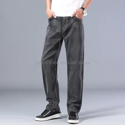 SHAN BAO cotton stretch men's straight loose loose summer thin jeans 2022 spring classic brand casual lightweight jeans blue