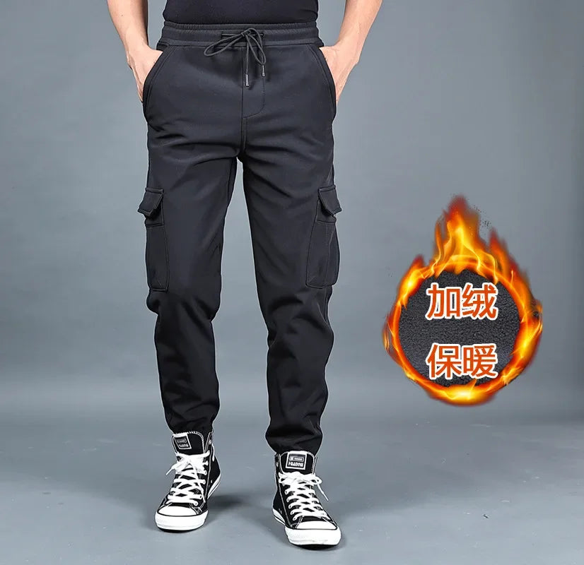 Winter Men Pants Thick Fleece Joggers Multi Pocket Loose Sport Trousers Male Casual Warm Sweatpants Cargo Pants M-6XL