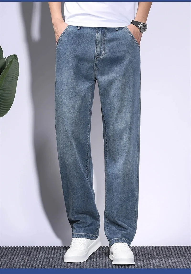 Pantalones vaqueros de verano para hombre, de tejido lyocell suave, finos, sueltos, rectos, con cordón y cintura elástica, informales, de Corea, talla grande 28-42