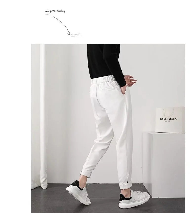 Fashion Men Pants Elastic Waist Small Feet Slim Korean Formal Pleated Tapered Male Blazer Suit Classic Pants Streetwear Trousers