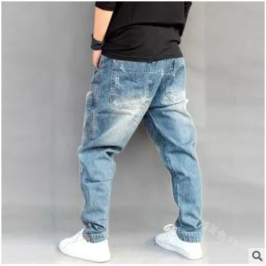 American Street Style Denim Harem Pants for Men, Retro and Trendy, All-match, Casual, Loose, Large Size, Tapered Hip-hop Pants.