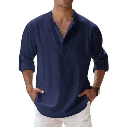 Nuevas camisas de lino y algodón para hombres, camisas casuales, camisas de playa Henley de manga larga livianas, camisetas hawaianas para hombres