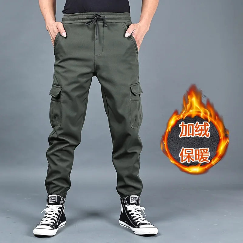 Pantalones de invierno para hombre, de forro polar grueso, para correr, con múltiples bolsillos, holgados, informales, cálidos, cargo, tallas M a 6XL