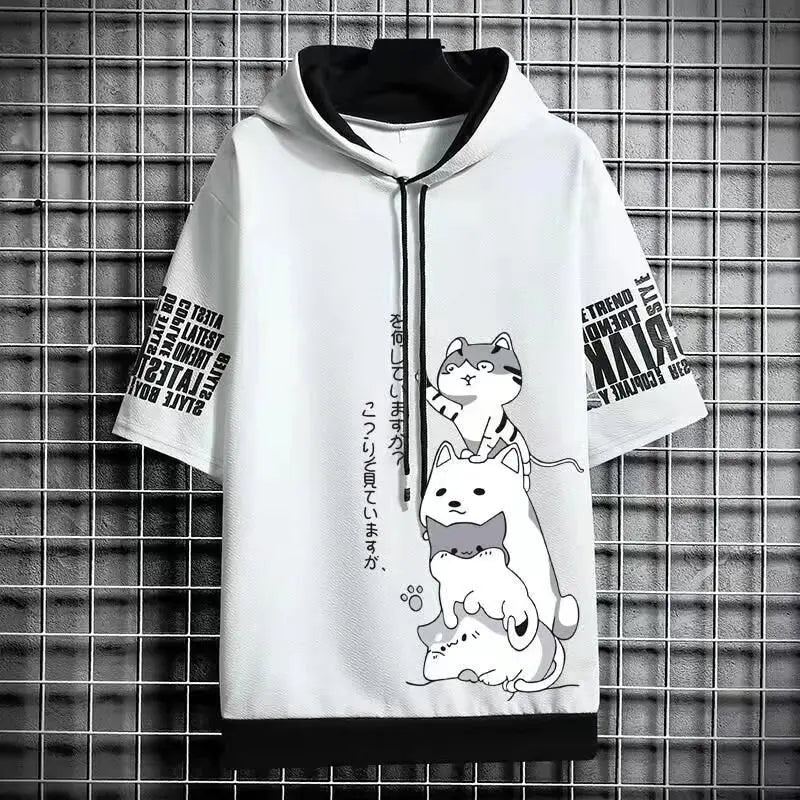 Sudadera con capucha de moda japonesa para hombre, ropa de verano para hombre, ropa de calle informal de dibujos animados Harajuku, sudadera con capucha estampada, sudaderas de manga corta para hombre