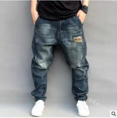 American Street Style Denim Harem Pants for Men, Retro and Trendy, All-match, Casual, Loose, Large Size, Tapered Hip-hop Pants.