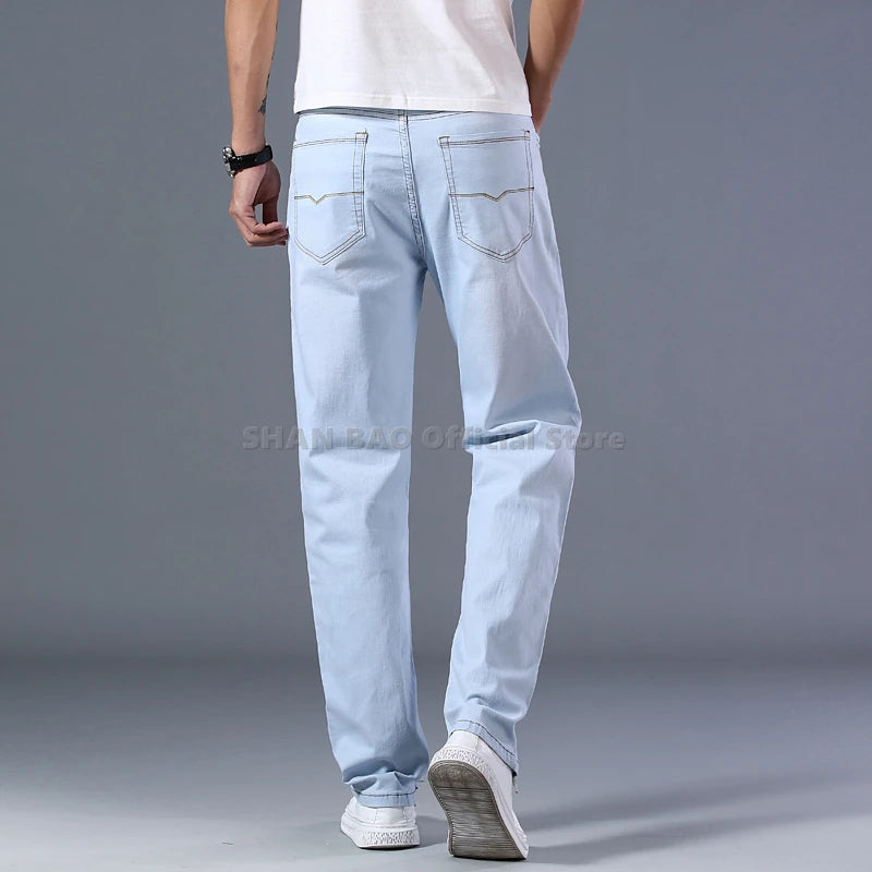 SHAN BAO cotton stretch men's straight loose loose summer thin jeans 2022 spring classic brand casual lightweight jeans blue