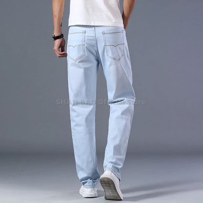 SHAN BAO pantalones vaqueros rectos sueltos de algodón elástico para hombre, pantalones vaqueros delgados de verano 2022, pantalones vaqueros casuales ligeros de marca clásica de primavera azul