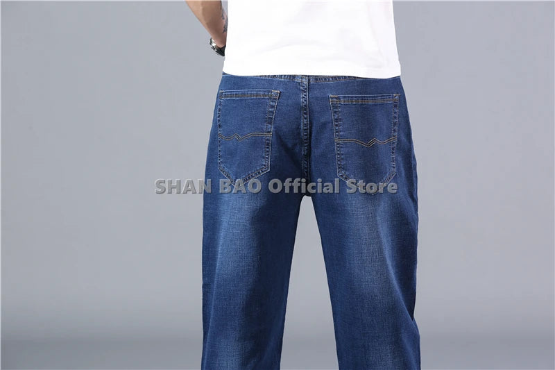 SHAN BAO pantalones vaqueros rectos sueltos de algodón elástico para hombre, pantalones vaqueros delgados de verano 2022, pantalones vaqueros casuales ligeros de marca clásica de primavera azul