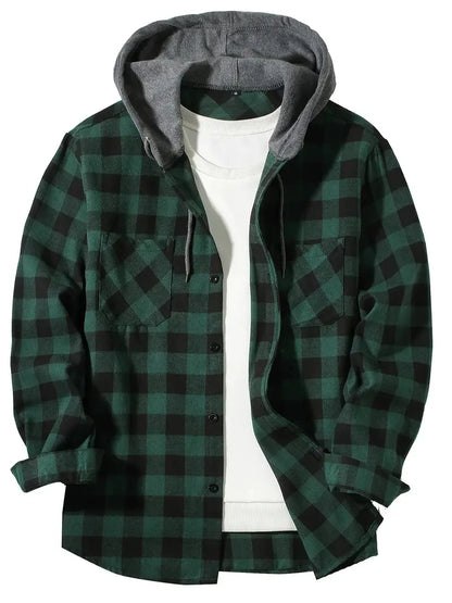 Men's Shirts Classic Plaid Casual Button Down Hooded Long Sleeved Double Pockets Shirt Hoodie Flannel Jacket Spring Autumn Tops