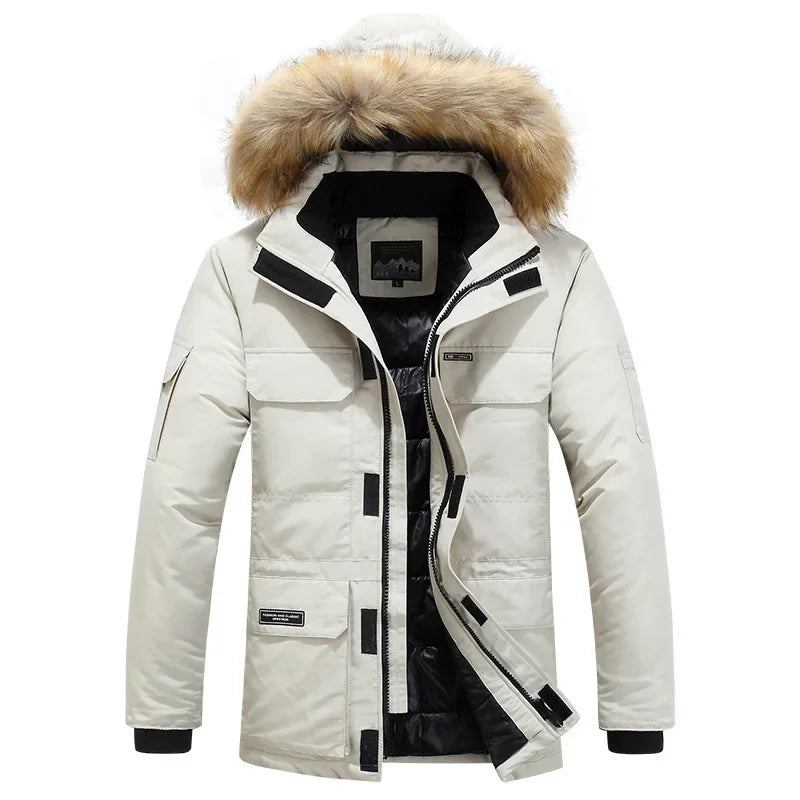 Chaqueta de invierno con plumón de pato blanco y cuello de piel abrigada para hombre, parka de 30 grados con capucha resistente al viento y múltiples bolsillos