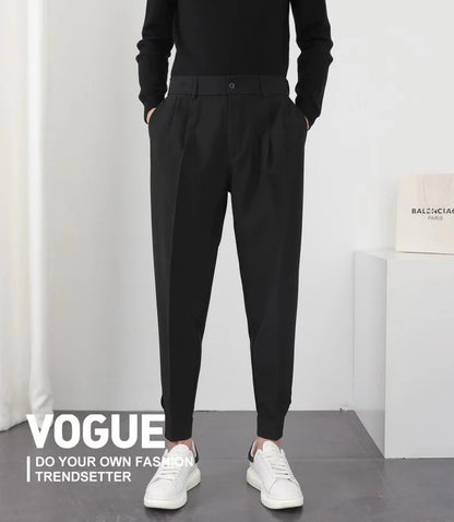 Fashion Men Pants Elastic Waist Small Feet Slim Korean Formal Pleated Tapered Male Blazer Suit Classic Pants Streetwear Trousers