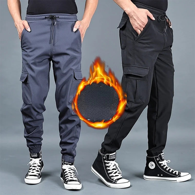 Pantalones de invierno para hombre, de forro polar grueso, para correr, con múltiples bolsillos, holgados, informales, cálidos, cargo, tallas M a 6XL