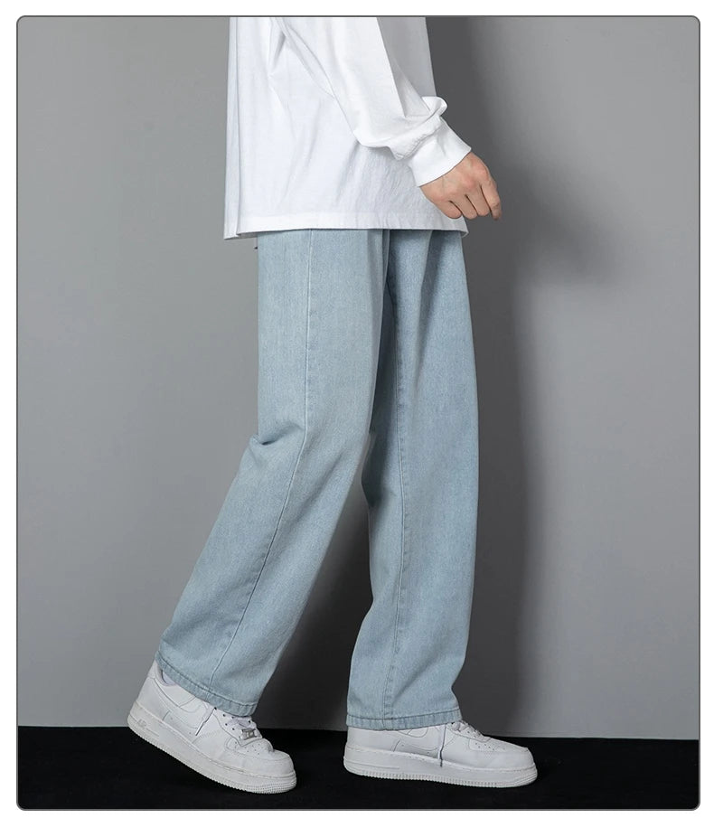 2025 New Korean Men's Casual Long Jeans Classic Man Straight Denim Wide-leg Pants Solid Color Light Blue Grey Black 3XL