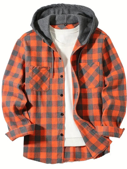 Men's Shirts Classic Plaid Casual Button Down Hooded Long Sleeved Double Pockets Shirt Hoodie Flannel Jacket Spring Autumn Tops