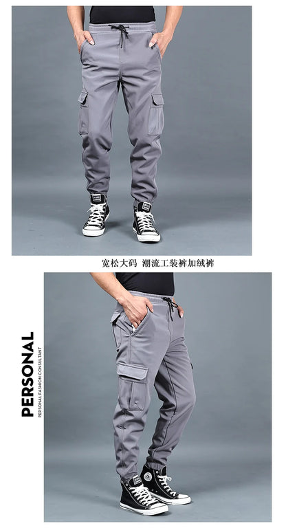 Winter Men Pants Thick Fleece Joggers Multi Pocket Loose Sport Trousers Male Casual Warm Sweatpants Cargo Pants M-6XL