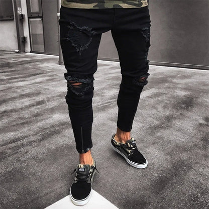 Mens Jeans New Black Ripped Stretch Zipper Trend Trousers for Men