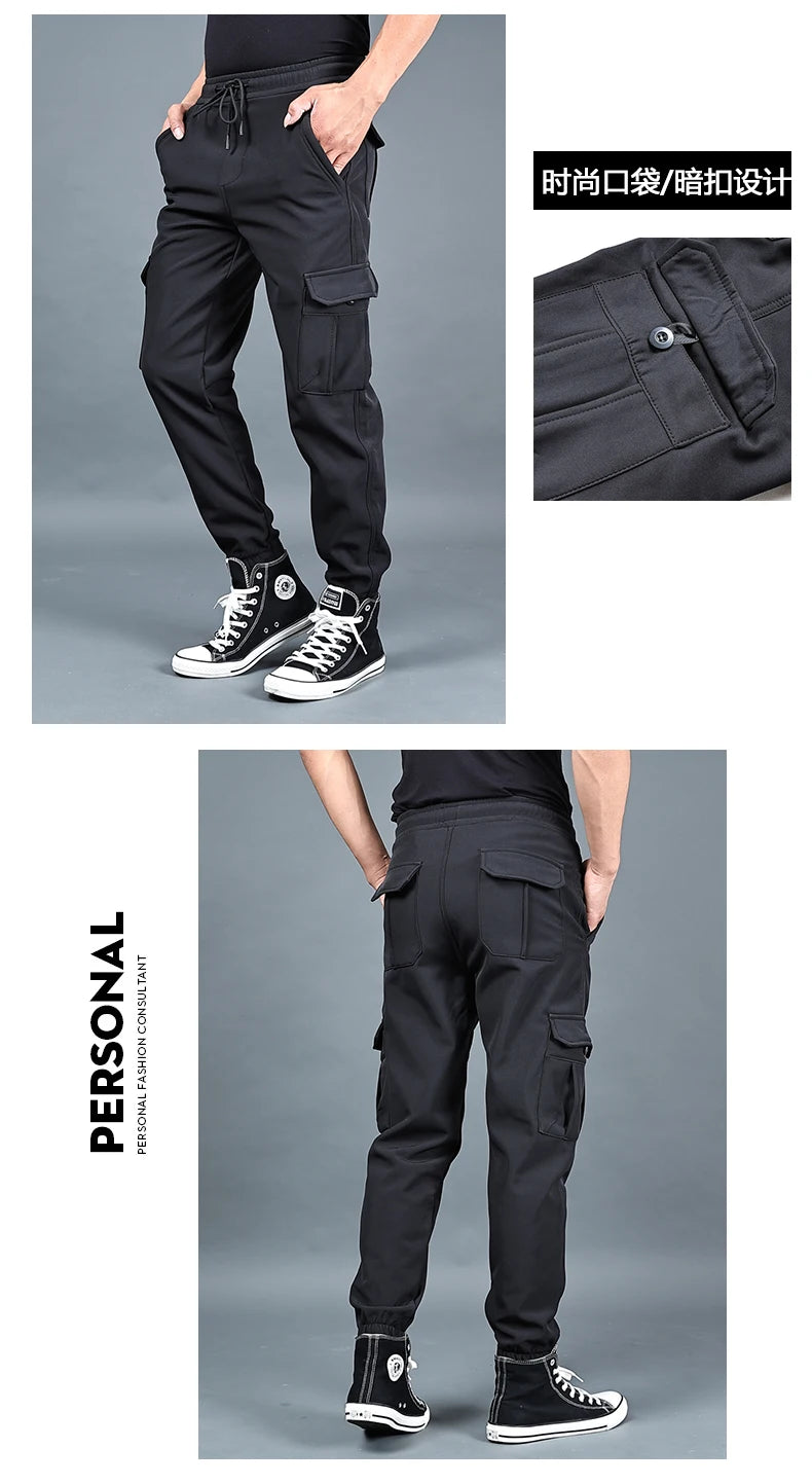 Winter Men Pants Thick Fleece Joggers Multi Pocket Loose Sport Trousers Male Casual Warm Sweatpants Cargo Pants M-6XL