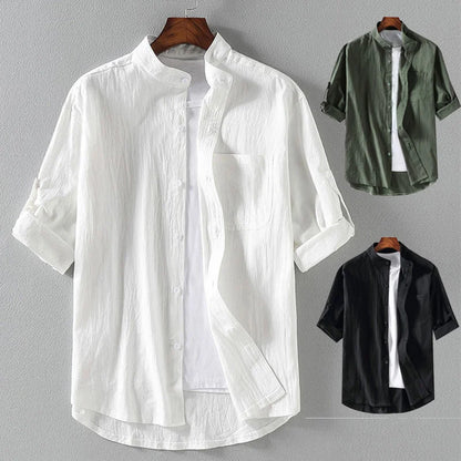 Camisa de manga corta de moda para hombre con cuello alto de cinco puntos y manga media de primavera y verano, manga de siete puntos, talla grande para hombre