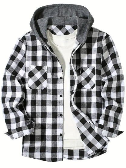 Men's Shirts Classic Plaid Casual Button Down Hooded Long Sleeved Double Pockets Shirt Hoodie Flannel Jacket Spring Autumn Tops