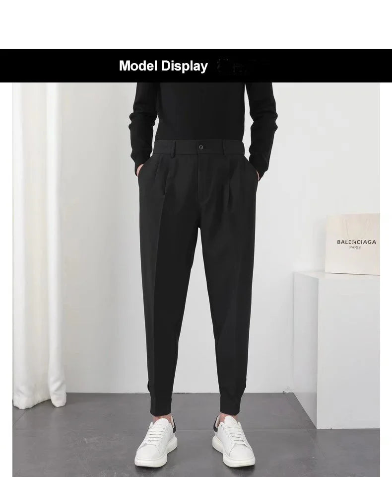 Fashion Men Pants Elastic Waist Small Feet Slim Korean Formal Pleated Tapered Male Blazer Suit Classic Pants Streetwear Trousers