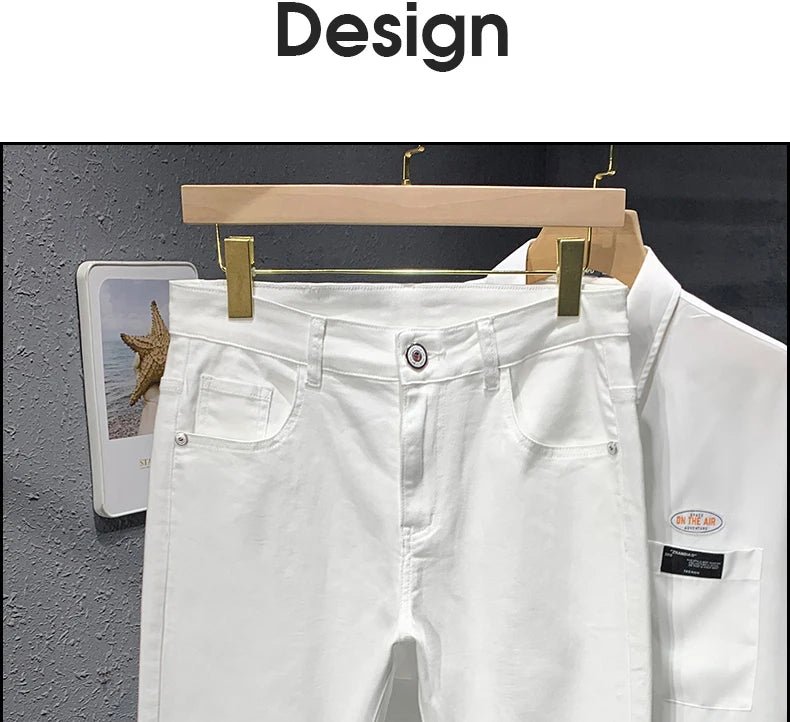 2023 Autumn New Men's White Black Jeans Straight Slim fit Casual Fashion Elastic Cotton Trousers Male Streetwear Denim Pants