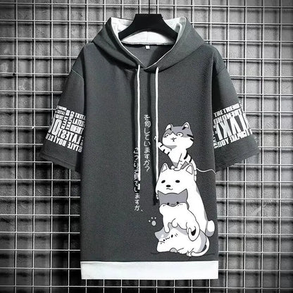 Sudadera con capucha de moda japonesa para hombre, ropa de verano para hombre, ropa de calle informal de dibujos animados Harajuku, sudadera con capucha estampada, sudaderas de manga corta para hombre