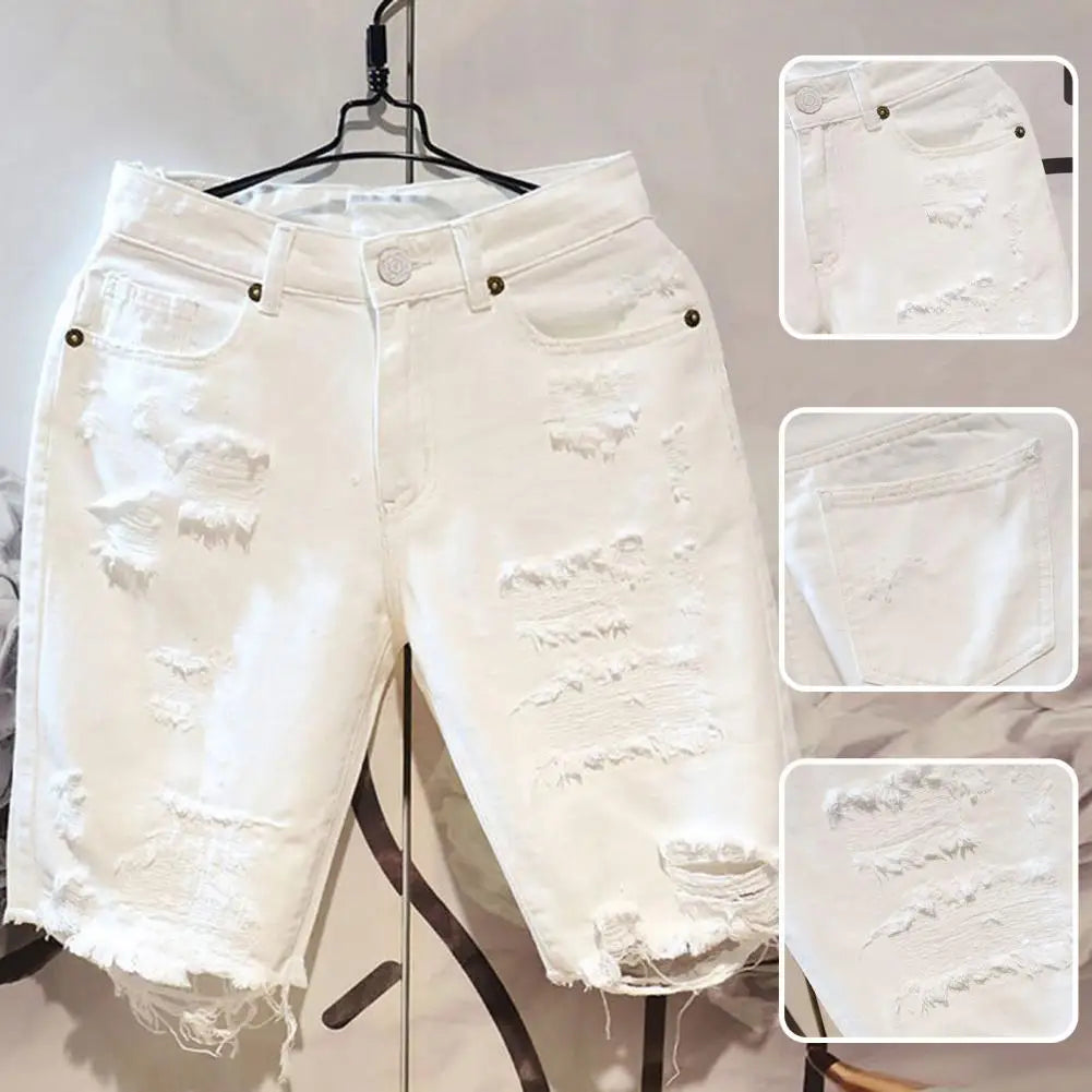 Stylish Denim Multi Pockets Soft Button Zipper Closure Men Summer Short Jeans Knee-length Shorts Keep Cooling