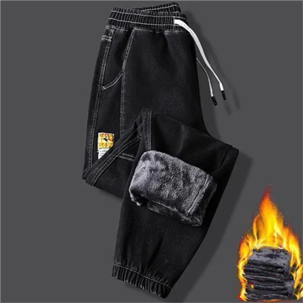 New Men's jeans Winter Fleece Jeans Thick Warm Denim Pants Men Streetwear Black Joggers Harem Jean Thermal Trousers pants men