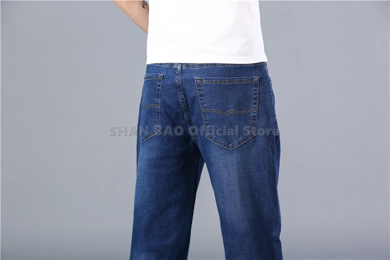 SHAN BAO pantalones vaqueros rectos sueltos de algodón elástico para hombre, pantalones vaqueros delgados de verano 2022, pantalones vaqueros casuales ligeros de marca clásica de primavera azul