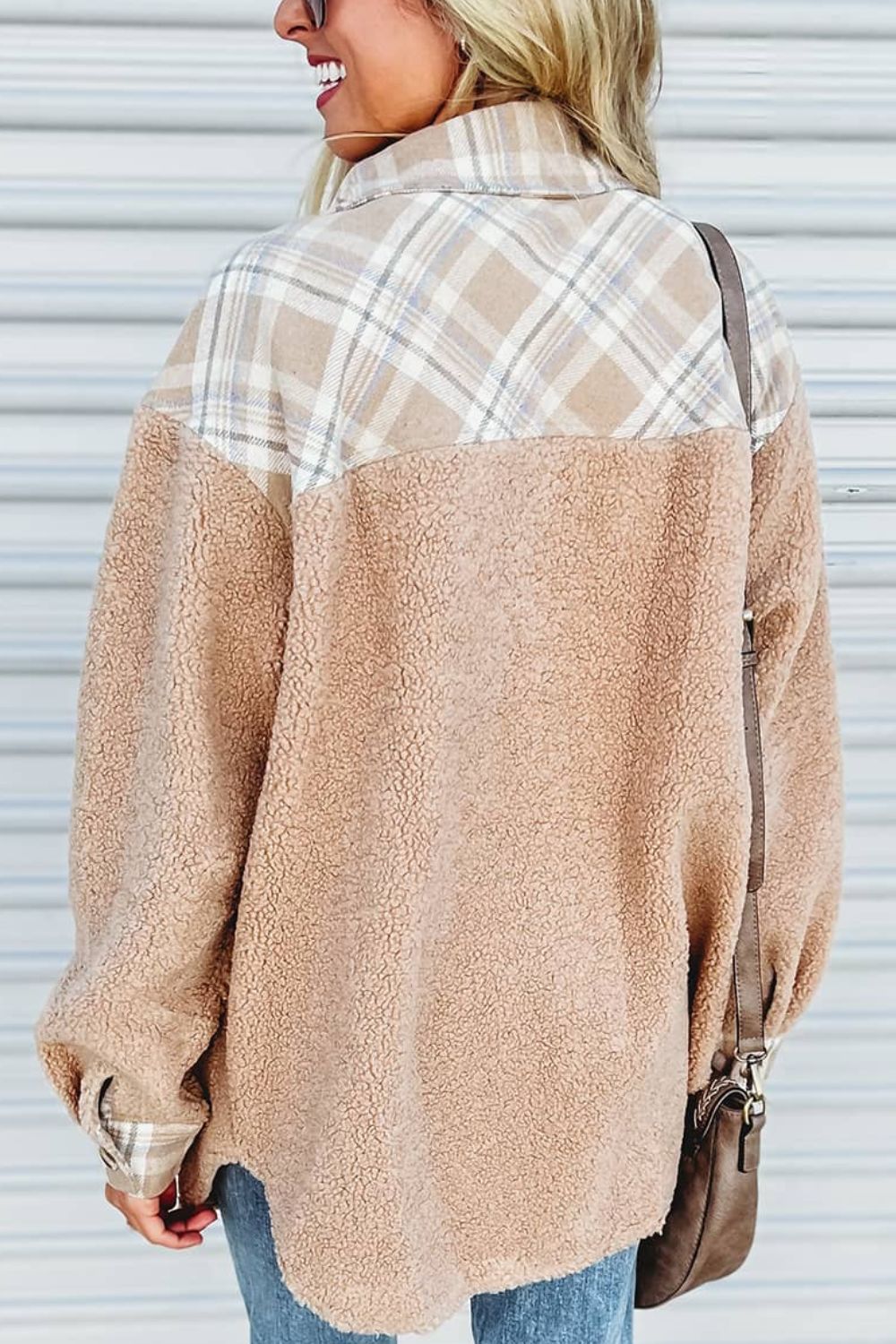 Pocketed Plaid Collared Neck Sherpa Jacket