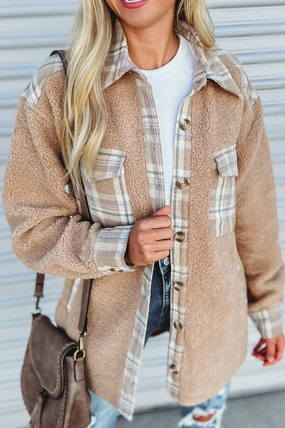 Pocketed Plaid Collared Neck Sherpa Jacket