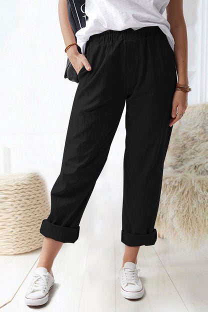 Shiny Paperbag Waist Pull-On Pants with Pockets